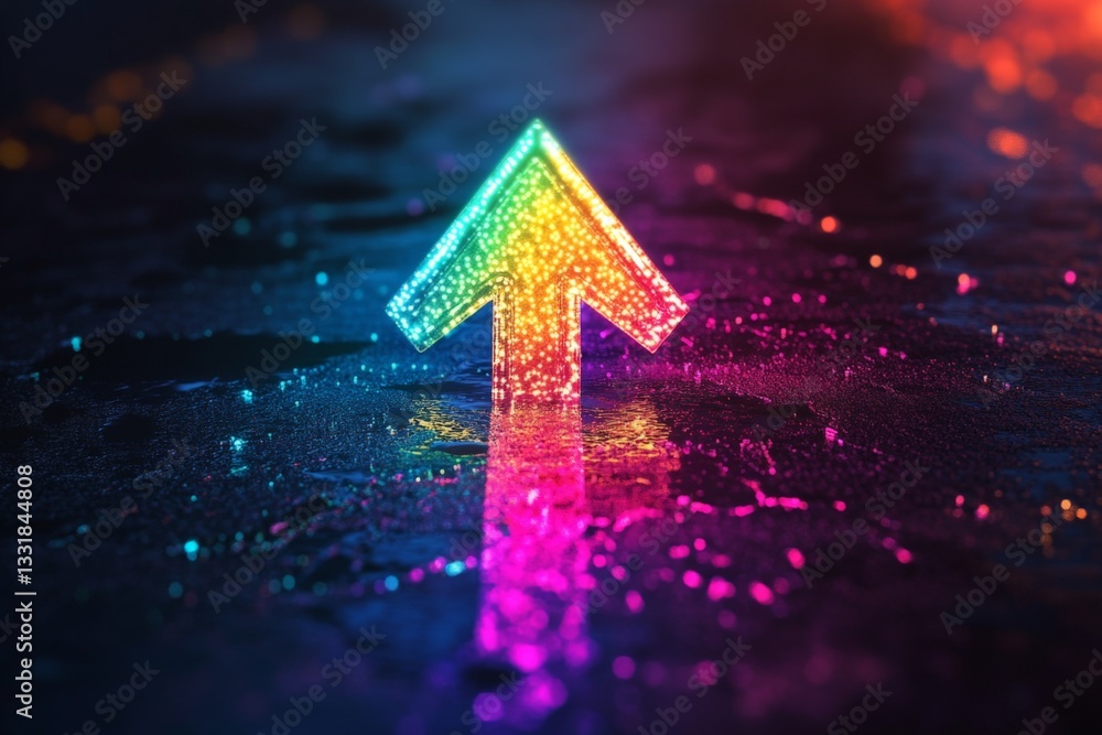 Poster colorful glowing arrow points upward on a reflective surface in a dark environment with vibrant ligh