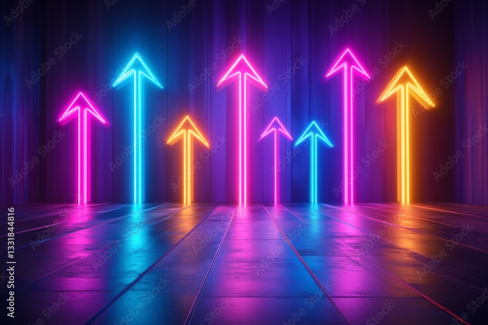 Poster Neon arrows pointing upward create a vibrant display in a darkened space during a lively event at night