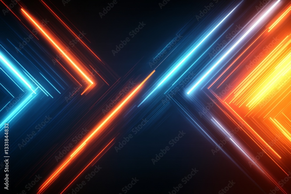 Poster Vibrant neon light trails create dynamic patterns in a digital abstract background at night