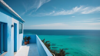 Fototapeta premium A blue house with a balcony overlooking the ocean.