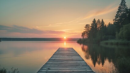 Fototapeta premium Sunset over a Serene Lake with a Wooden Dock