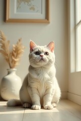A fluffy white feline companion sits serenely on a sunlit floor, basking in the warm glow near a window, a peaceful scene of domestic tranquility.