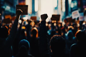 A striking image of a crowd with raised fists and protest signs amidst city buildings, symbolizing resistance and the fight for justice and social change.