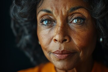 Obraz premium Portrait of a mature woman with soulful eyes, showcasing wisdom and grace under natural light