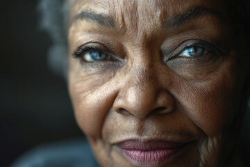 Obraz premium Elderly woman with striking blue eyes and a warm smile, showcasing life experiences and wisdom in a close-up portrait