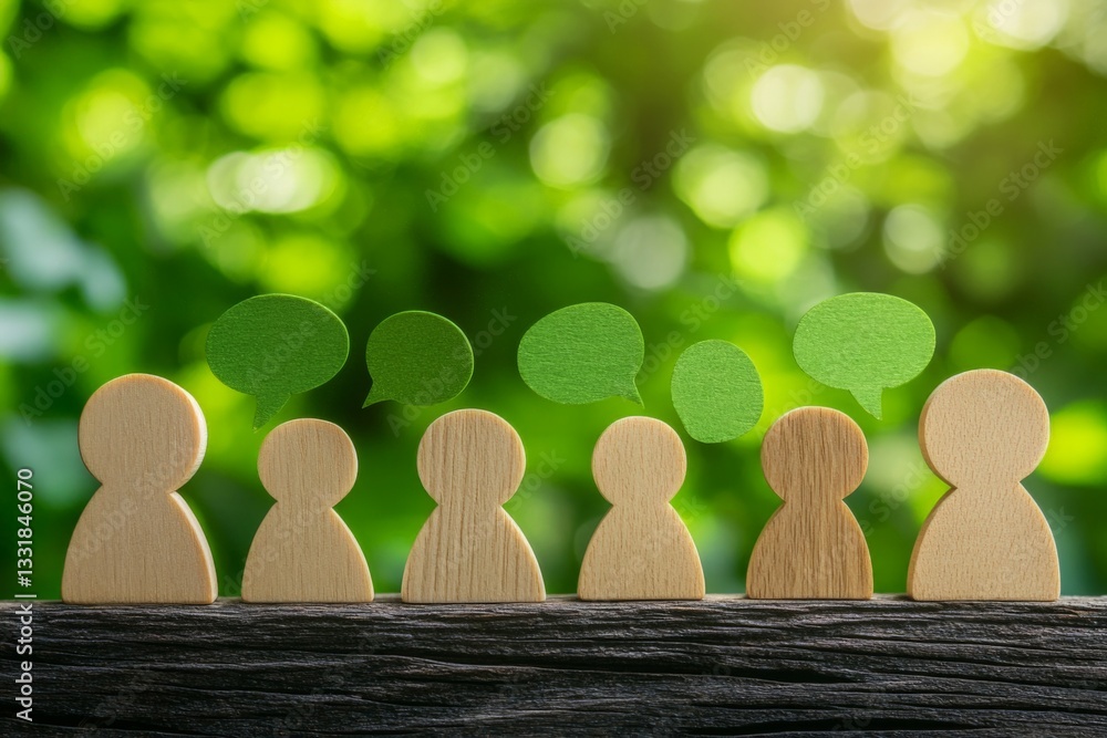Poster Wooden figures representing conversation with green speech bubbles in a natural setting during daylight