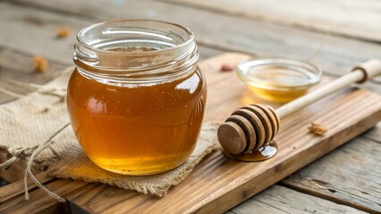 A glass jar filled with golden honey placed on a rustic wooden table, accompanied by a honey dipper and a small dish of honey. The warm, natural tones create a cozy and organic atmosphere.