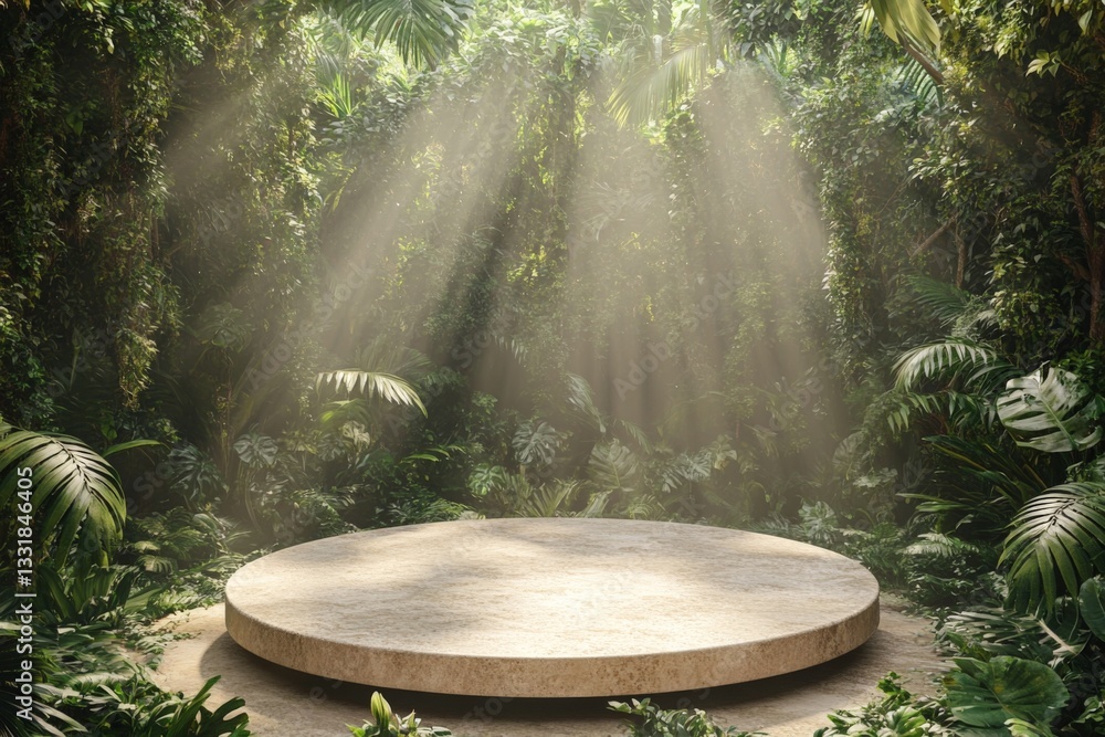 Poster natural stage surrounded by dense foliage under soft sunlight filtering through trees