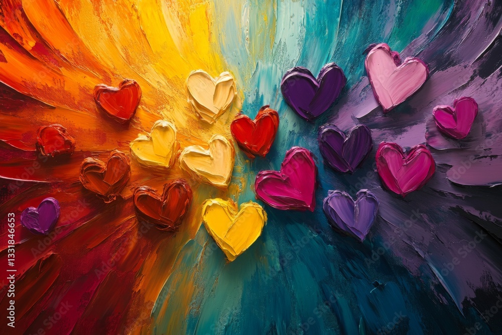 Poster colorful hearts blend in vibrant swirl, creating a joyful expression of love and artistry in contemp
