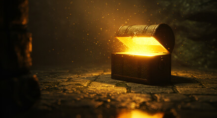 mysterious treasure chest illuminates the darkness with its radiant golden light, sparking wonder and adventure.hunt, treasure box