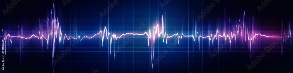 Poster luminous abstract ekg or sound waveform on blue background, technology and data visualization image