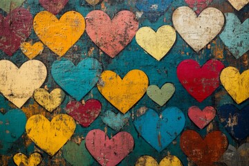Obraz premium Colorful heart shapes create a vibrant and artistic mural on a weathered wooden surface in an urban setting