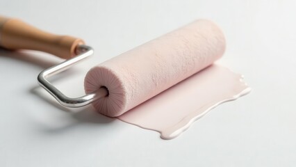 A Close-Up View of a Paint Roller with a Pale Pink Coating, Leaving a Trail of Wet Paint on a Smooth Surface