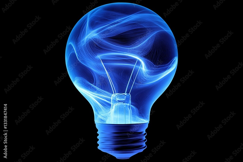 Poster blue glowing light bulb with swirling patterns illuminates a dark background and showcases modern de