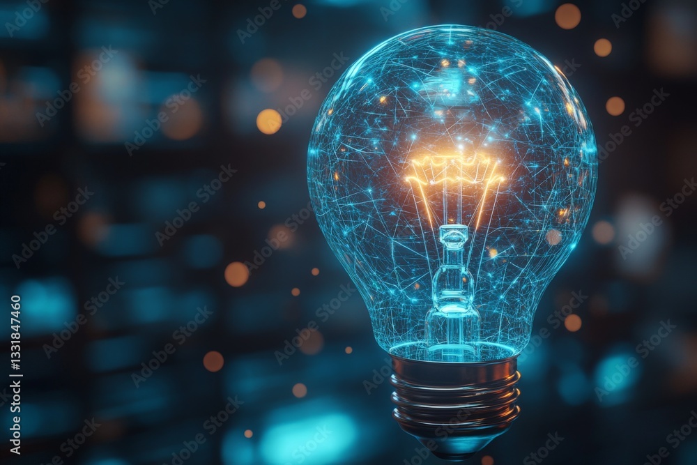 Poster bright idea emerges from glowing light bulb as technology represents innovation in a dark setting