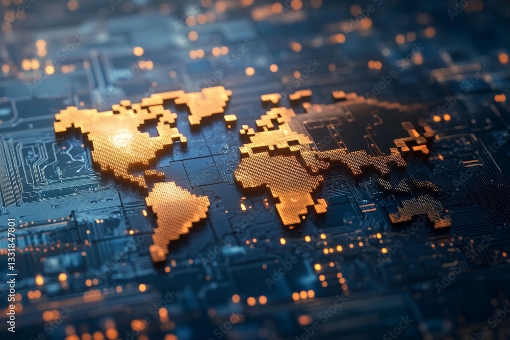Poster Digital map illuminated by circuitry pattern showcasing interconnectedness in technology and global networks