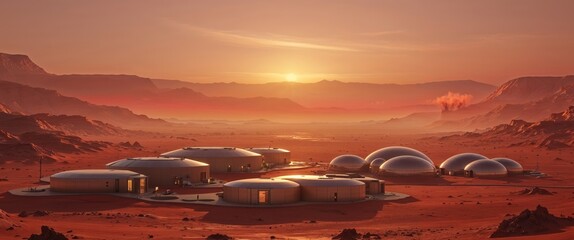 Human colony thrives under Martian sunset in vast landscape