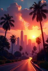 Fototapeta premium Serene Sunset Vista Palm-Lined Road Winding Towards a Vibrant City Skyline at Dusk