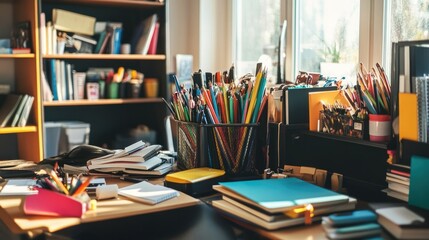A messy workspace affecting focus and productivity with scattered office supplies.