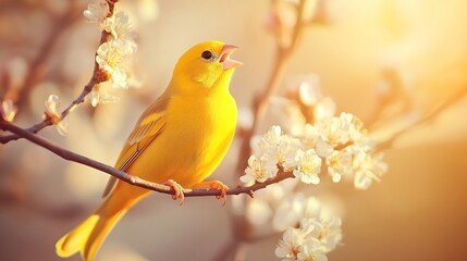 Bright yellow canary perched on a delicate tree branch singing its morning song