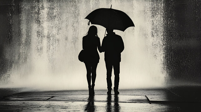 Romantic monochrome silhouette couple under umbrella in city rainfall scene