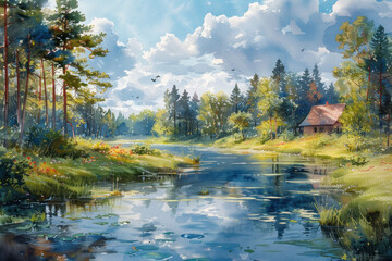 Fototapeta premium river with forest and house on the bank, summer landscape, watercolor,. Generative AI