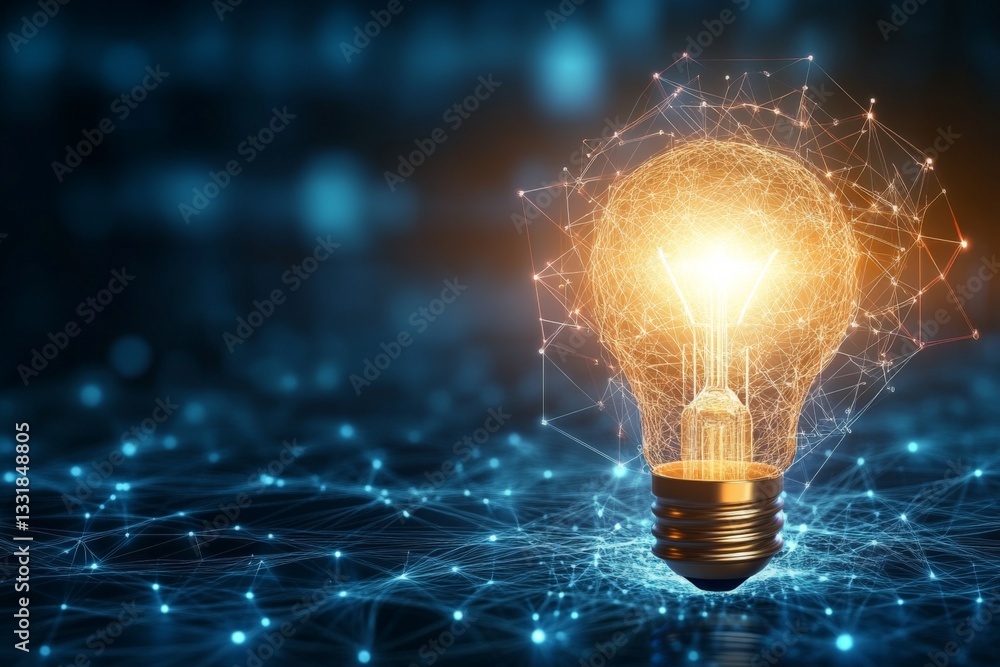 Poster bright light bulb glowing with connecting lines on a dark abstract background