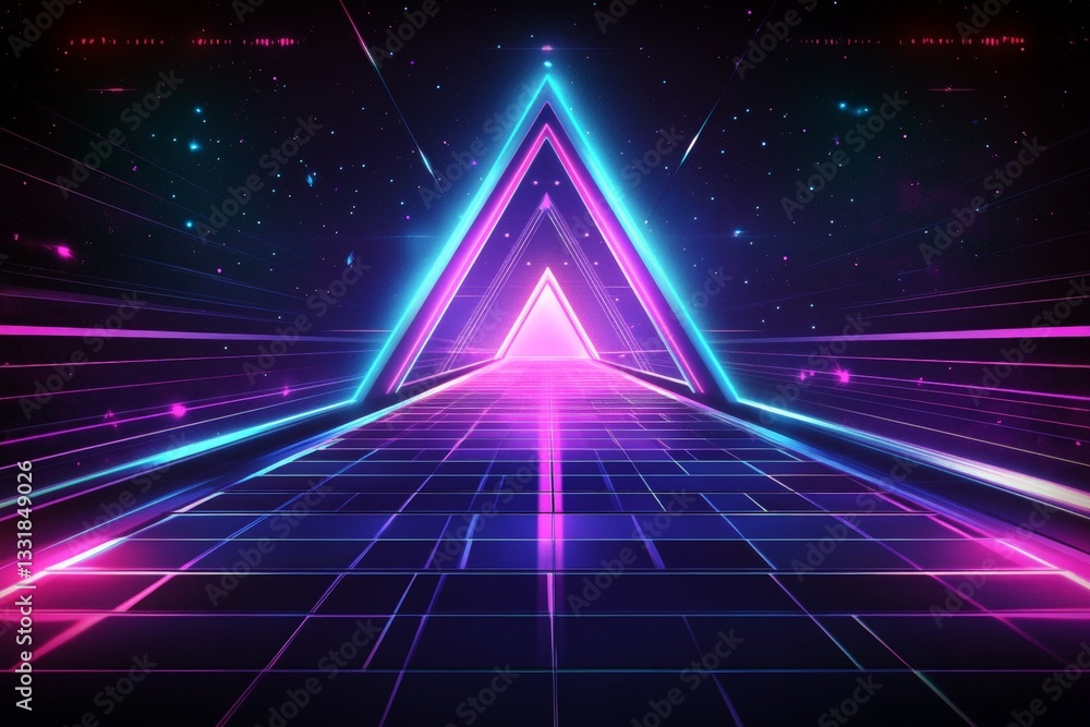 Aufkleber Vibrant neon landscape with triangular patterns and glowing lights in a futuristic setting