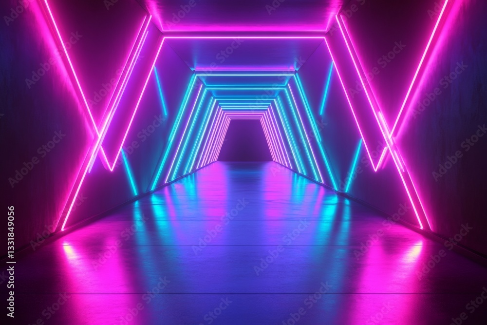 Poster Colorful neon corridor with geometric patterns and reflective floor creates an immersive experience