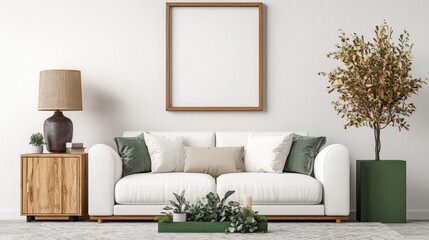 Stylish living room with white couch and lush green plant for a fresh and inviting spring ambiance