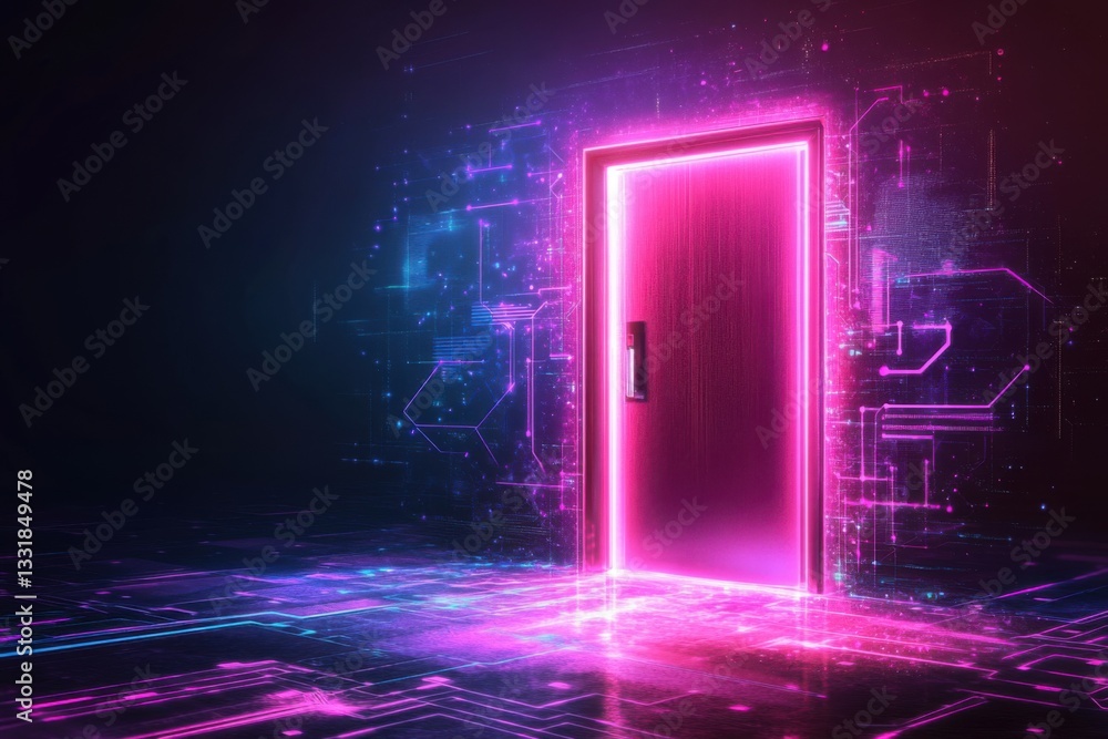 Poster floating neon door in a surreal dark void with glowing patterns