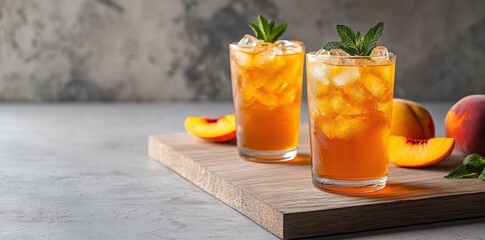 Refreshing iced peach tea served in glasses with mint leaves, alongside fresh peach slices on a wooden board.