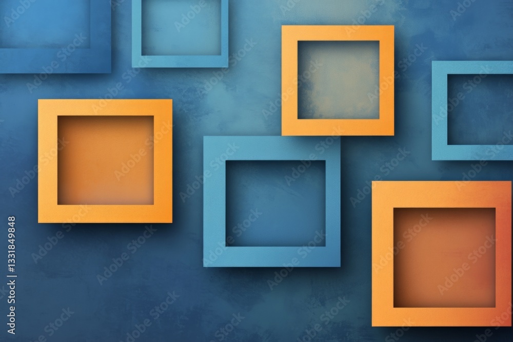 Poster Colorful geometric frames displayed on a textured blue background creating an artistic visual effect in a modern space