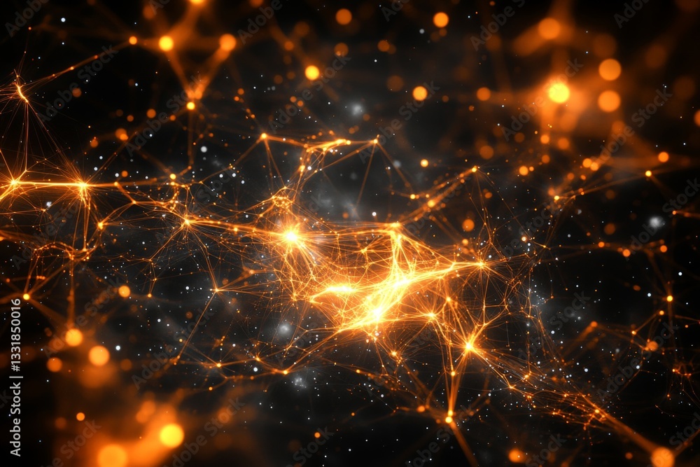 Aufkleber Dynamic network of glowing particles creating an abstract cosmic landscape in dark space environment