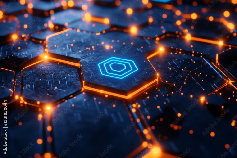 Aufkleber Intricate design of glowing hexagonal structures with vibrant blue and orange lines in a dark space environment