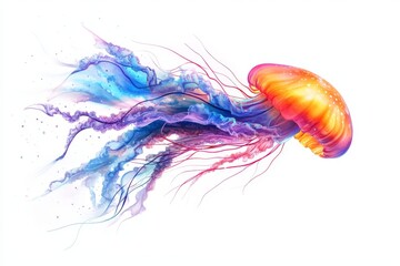 Obraz premium Colorful jellyfish swims gracefully through vibrant waters creating mesmerizing patterns in a surreal underwater world