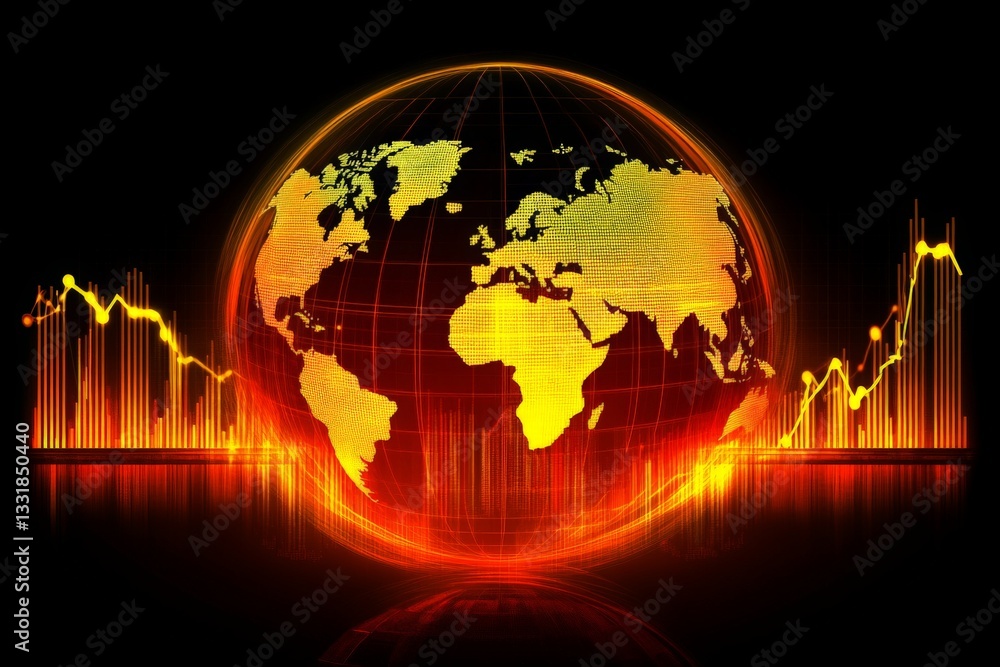Poster visual representation of global finance with a globe and rising market trends