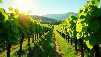 Serene Vineyard Rows Basking in Golden Sunlight, a Picturesque Landscape of Lush Greenery and Rolling Hills