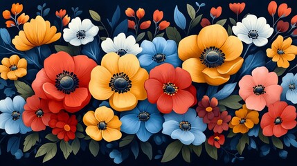 Vibrant Red, Orange, Yellow, Blue and White Anemones Pixel Art Floral Arrangement on Dark Background