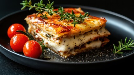 Slice of lasagna on a black plate. the lasagna is layered with layers of layers of cheese, tomato sauce, and herbs. the top layer is golden brown and appears to be freshly baked.
