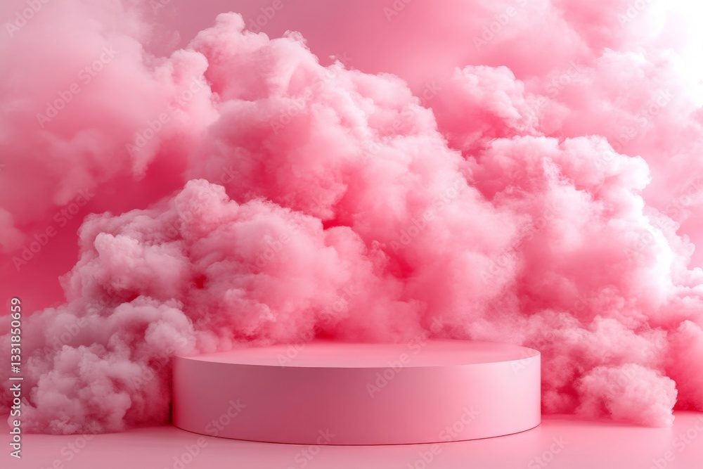Poster colorful pink smoke fills the studio with a round platform in the foreground during an artistic pres