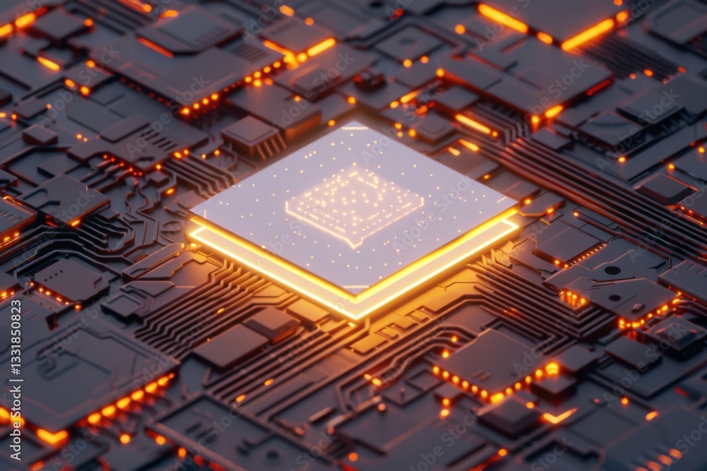 Poster glowing ai chip surrounded by interconnected circuits in cyberpunk style