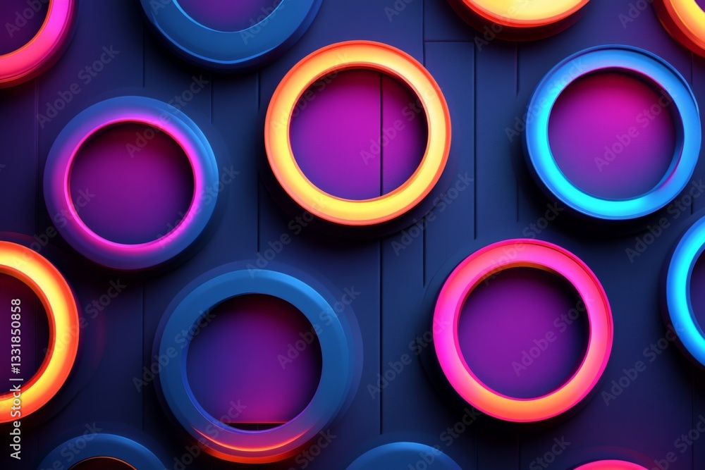 Poster neon rings of various colors create a vibrant and energetic wall design in a modern interior setting