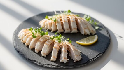 Sliced crab meat on slate plate with garnish