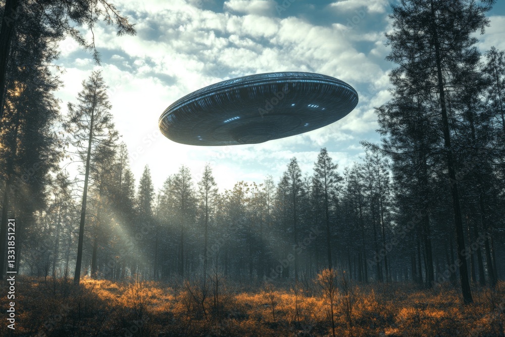 Poster mysterious spacecraft hovering over a dense forest during a foggy sunrise