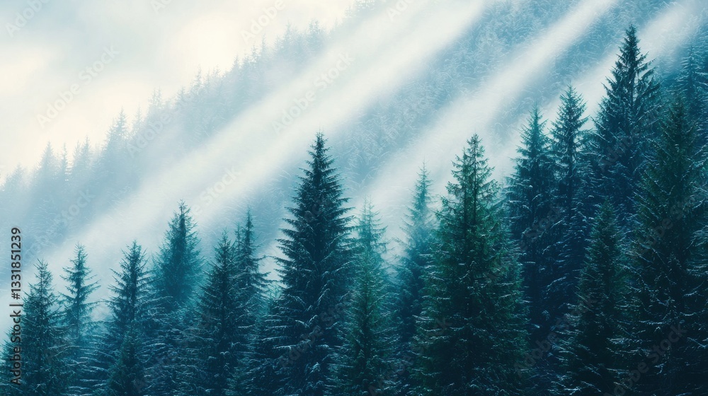 Poster ethereal woodland scene at daybreak with soft light filtering through tall trees