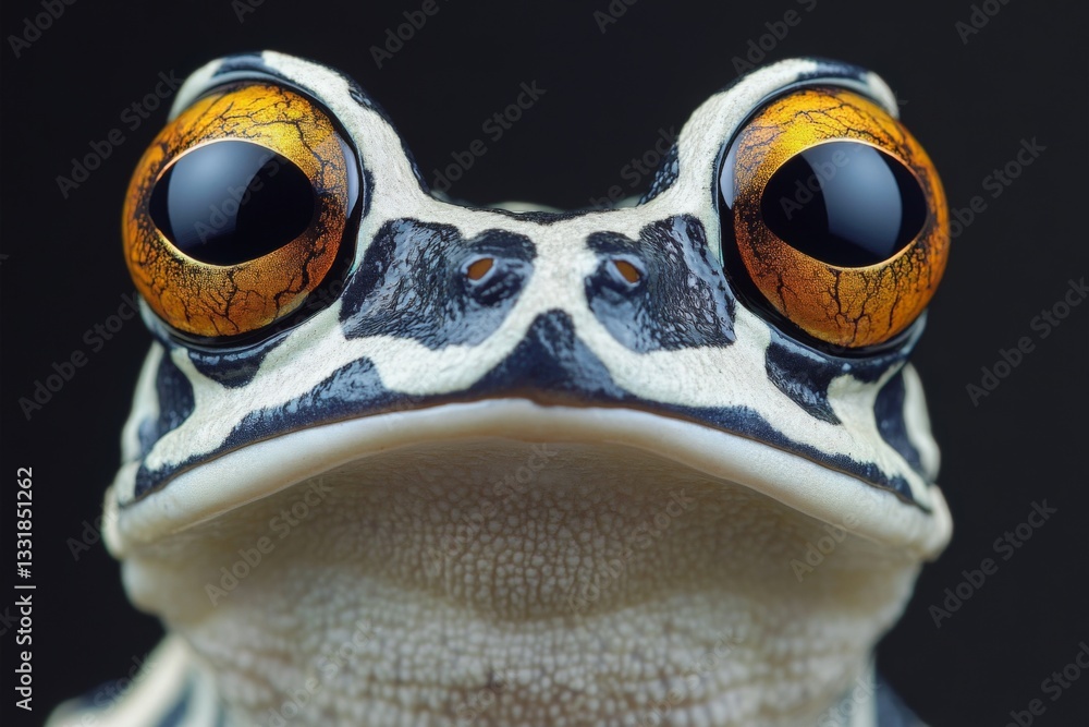 Poster close-up of a striking frog with detailed patterns and vibrant orange eyes against a dark background