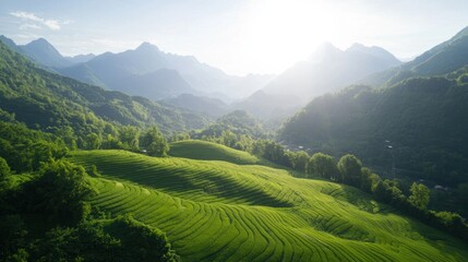 Obraz premium Serene Countryside Landscape with Lush Green Plateau and Majestic Mountain Range