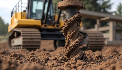 A close-up of a drilling equipment auger in soil, showcasing its spiral design amid construction machinery in the background.