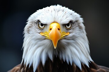 Obraz premium Majestic bald eagle displays fierce gaze while perched against a blurred backdrop in the wilderness during daylight